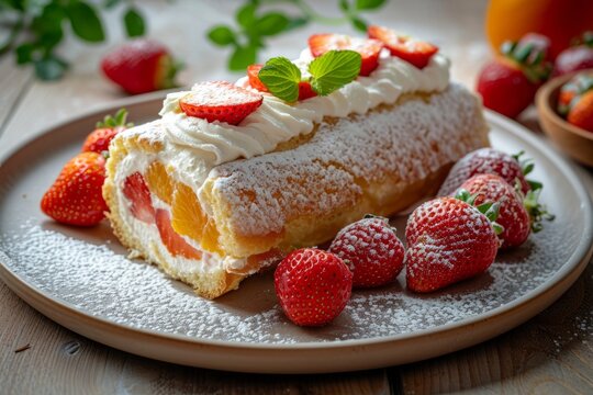 Sponge cake roll with cream, strawberries and orange fruits on a white plate on wooded table background. Perfect exposure and bright image