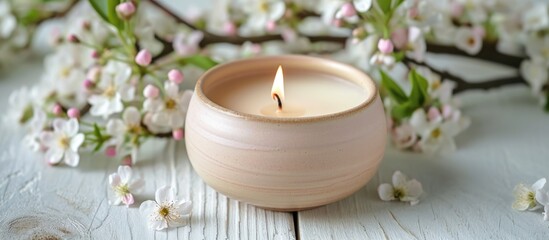Obraz na płótnie Canvas Home fragrances with flower scents for relaxation and calm, in an unbranded ceramic candle.