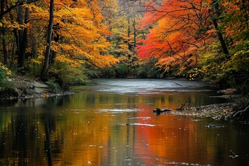 Still river, the water reflecting the fiery colors of the autumn foliage lining the banks