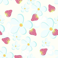 Vector cute seamless pattern with, pink berries strawberry, blue  flowers on white background. Elegant floral texture. Simple abstract  ornament for wallpapers, fabrics, tiled printing, decor