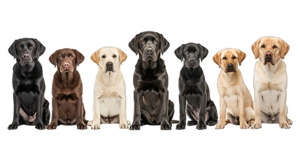 Group of Labrador Retriever dogs, in various colors (yellow, black and chocolate). Isolated