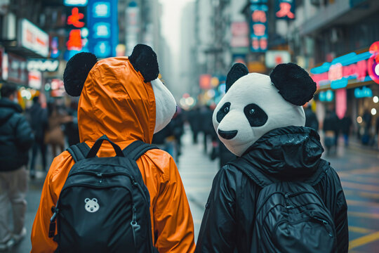 People wearing panda masks while walking through a city