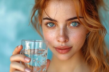 close up portrait of joyful attractive women on blue background, isolated, , Closeup of a woman drinking clear water for skin hydration, woman with glass of water