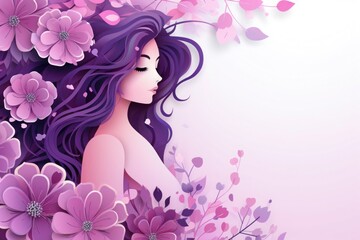 Elegant woman with purple hair and flowers illustration, background for women's day in violet color, paste space