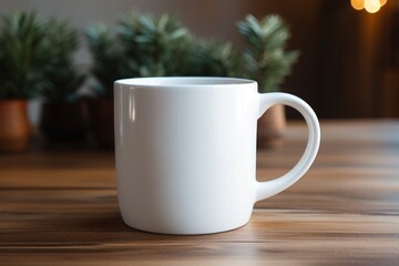 Minimalist white mug, a cozy addition to any morning routine, cup of coffee on the table, mockup