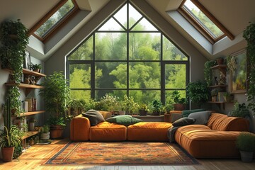 Interior of cozy living room with large skylights in frontal perspective. Real estate design