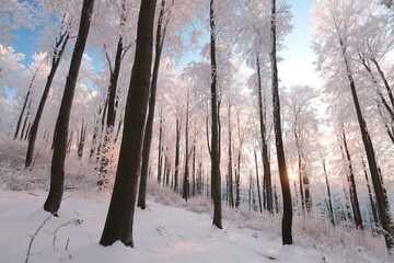 Winter landscape, beech forest covered with fresh snow during sunrise