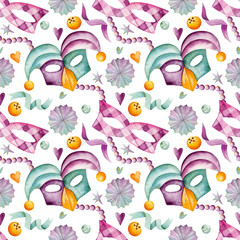 Seamless watercolor pattern. Carnival masks, purple beads, stars, paper fan, ribbons isolated on a white background. Design for wrapping paper. Mardi Gras, masquerades.