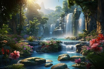 Tranquil Tropical Waterfall Oasis with Lush Vegetation - obrazy, fototapety, plakaty