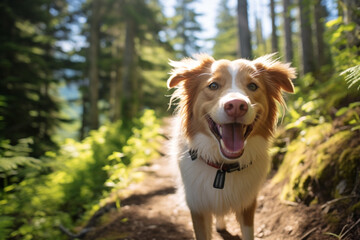 Happy dog on a hiking trail in summer. Adventures with your dog