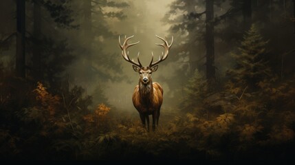 Majestic Stag in Misty Forest Landscape at Dawn