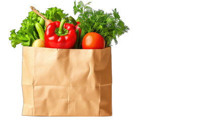 Paper bag of groceries, with vegetables. Graphic banner with copyspace