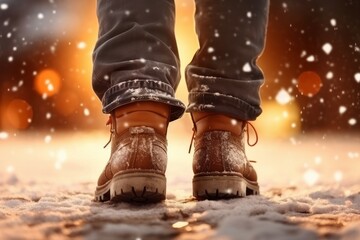 Close-up of men's leather shoes on a snowy street with falling snowflakes at sunset.