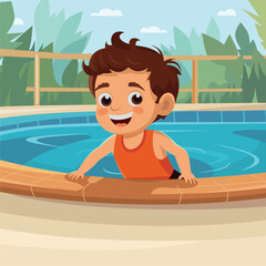 Boy on the side of the pool is smiling. The open air swimming pool. Boy child enjoying vacation. Vector