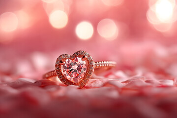 Beautiful engagement ring in shape of a heart on pink background. Valentine's day concept.