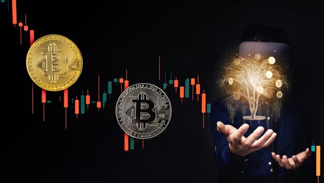 Investor of bitcoin market with cryptocurrency flowing out from device in his hand in a dark background with a candle chart an coins