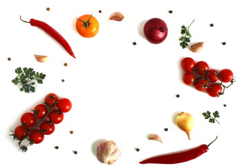 On a white background, vegetables lie in the form of a circle with space for text.
