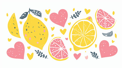 Hand drawn doodle lemons and hearts, graphic banner on white background
