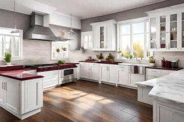 Bright kitchen room with hardwood floor, white cabinets, burgundy stove and grey counter tops