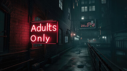 Adults Only written in a neon sign, on a dark street at night - obrazy, fototapety, plakaty
