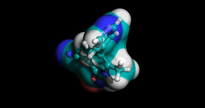 Milrinone, drug for treatment of acute decompensated heart failure,  3D molecule spinning on Y-axis, 4K