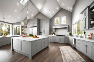 Fototapeta na wymiar Light grey kitchen room interior with vaulted ceiling, grey cabinetry and stainless steel appliances.