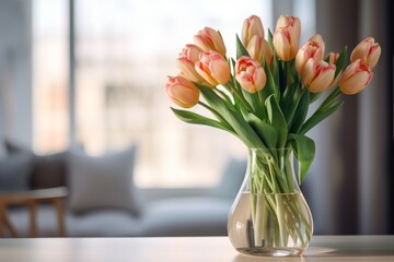 A bouquet of peach tulips in a vase on the table by the window. A postcard for Mother's Day, Valentine's Day, women's Day on March 8th.  - obrazy, fototapety, plakaty