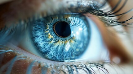 Intense Gaze: Close-up of Human Eye.
Macro shot of a human eye with intricate blue and gold iris details. - obrazy, fototapety, plakaty
