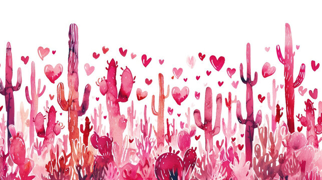 Naklejki Graphic banner of pink saguaro cactus, desert scene. Line art drawing