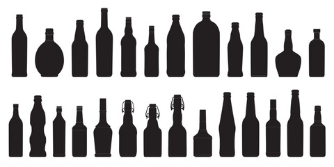 Bottle shape icon set. Beverage, drink, alcohol silhouette. Glass bottle symbol. Pub, bar concept. Brewery icon label design. Whiskey, vodka, cocktail, wine, beer, rum, cognac, martini, brandy bottles