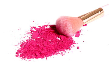 On a white background there is a brush for applying makeup with pink shadows.	