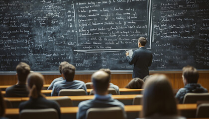 Man giving a lecture in front of a audience. He is presenting a subject with the help of a blackboard full of charts and stock market indicators. Professional expert teaching others.  - obrazy, fototapety, plakaty