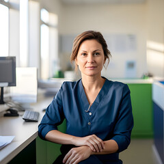 Medical clinic female manager director. Portrait of a smiling professional businesswoman in medical or pharmaceutical field. Healthcare executive. - obrazy, fototapety, plakaty