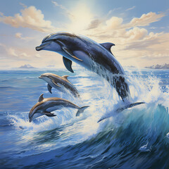 Playful dolphins leaping in the ocean