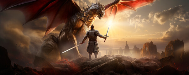 Valiant knight in full armor is ready for battle, wielding long sword, with a dragon-like creature in his arms against backdrop of fiery landscape, gloomy, terrifying towers. Epic fantasy world scene - obrazy, fototapety, plakaty