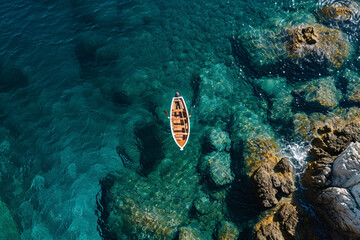 A small rowing boat in the ocean seen from above, clear water, vacation inspiration