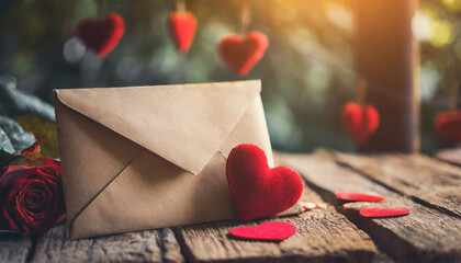 Red heart and envelope on vintage table, conveying love message for Valentines Day