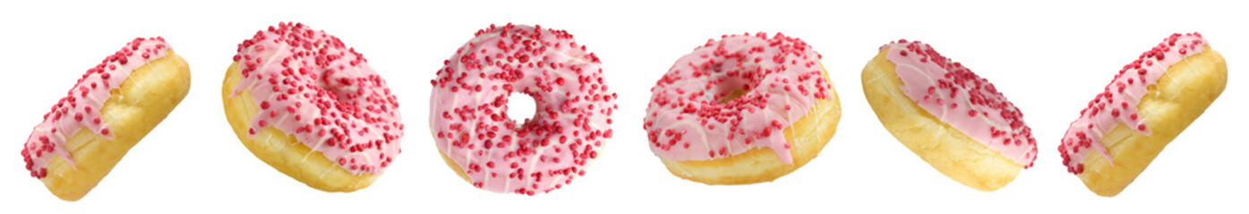 Set of Pink American strawberry doughnut with pink sprinkles shooting in difference angle isolated...