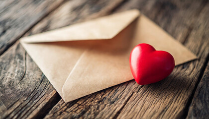 Red heart and envelope on vintage table, conveying love message for Valentines Day