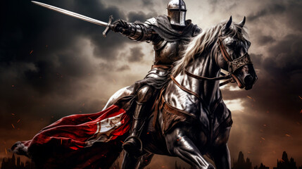 A gallant knight in shining armor enters the battle on a powerful horse under a stormy sky, swinging his sword. His cloak flutters dramatically and embers swirl around him - obrazy, fototapety, plakaty