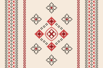 Ethnic geometric fabric pattern Cross Stitch.Ikat embroidery Ethnic oriental Pixel pattern brown cream background. Abstract,vector,illustration. Texture,clothing,frame,motifs,silk wallpaper.