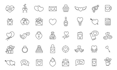 valentine line icon set. heart, love and romantic symbols. vector images for valentines day design