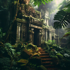 Ancient ruins in a lush jungle.