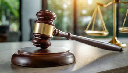 gavel resting on a wooden block, symbolizing authority and justice in a legal setting