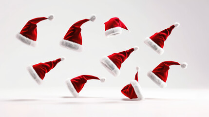 Santa Hats floating in air, white background graphic banner