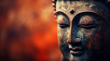 Fototapeta na wymiar A Buddha statue face close-up, meditation, spirituality, Buddhism, yoga background