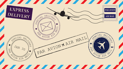 Set of postal rubber stamps. Par avion Air mail. Postal envelope - obrazy, fototapety, plakaty