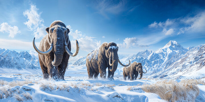 Woolly mammoth herd in frozen cold landscape, wide banner, extinct prehistoric animals