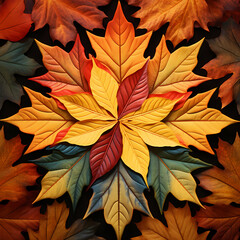 A kaleidoscopic pattern formed by overlapping autumn leaves.