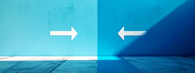 Fotobehang minimalistic and striking visual metaphor with two opposing white arrows on a blue background, divided by a shadow line, conveying a concept of choice, direction, or decision-making © edojob